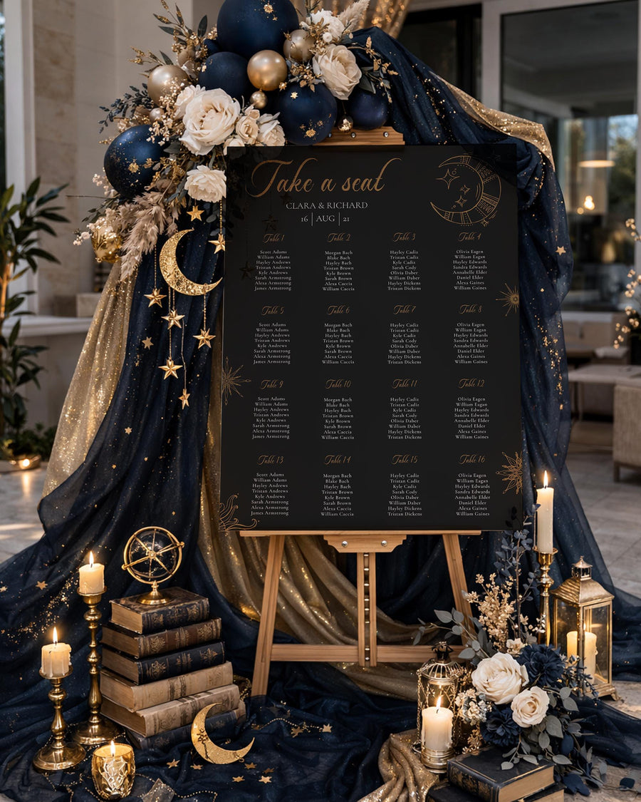 Celestial Wedding Seating Chart Template with Moon and Stars for Galaxy Wedding 062CE-SEAT - marryful.org