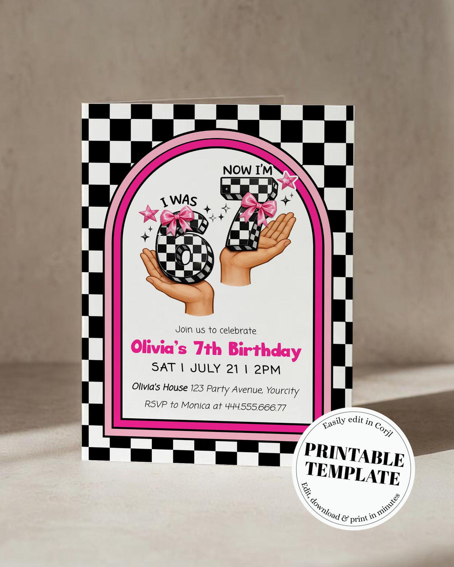 6 to 7 Birthday Invitation Template, Pink Checkered Bow 7th Birthday Party Invite - marryful.org