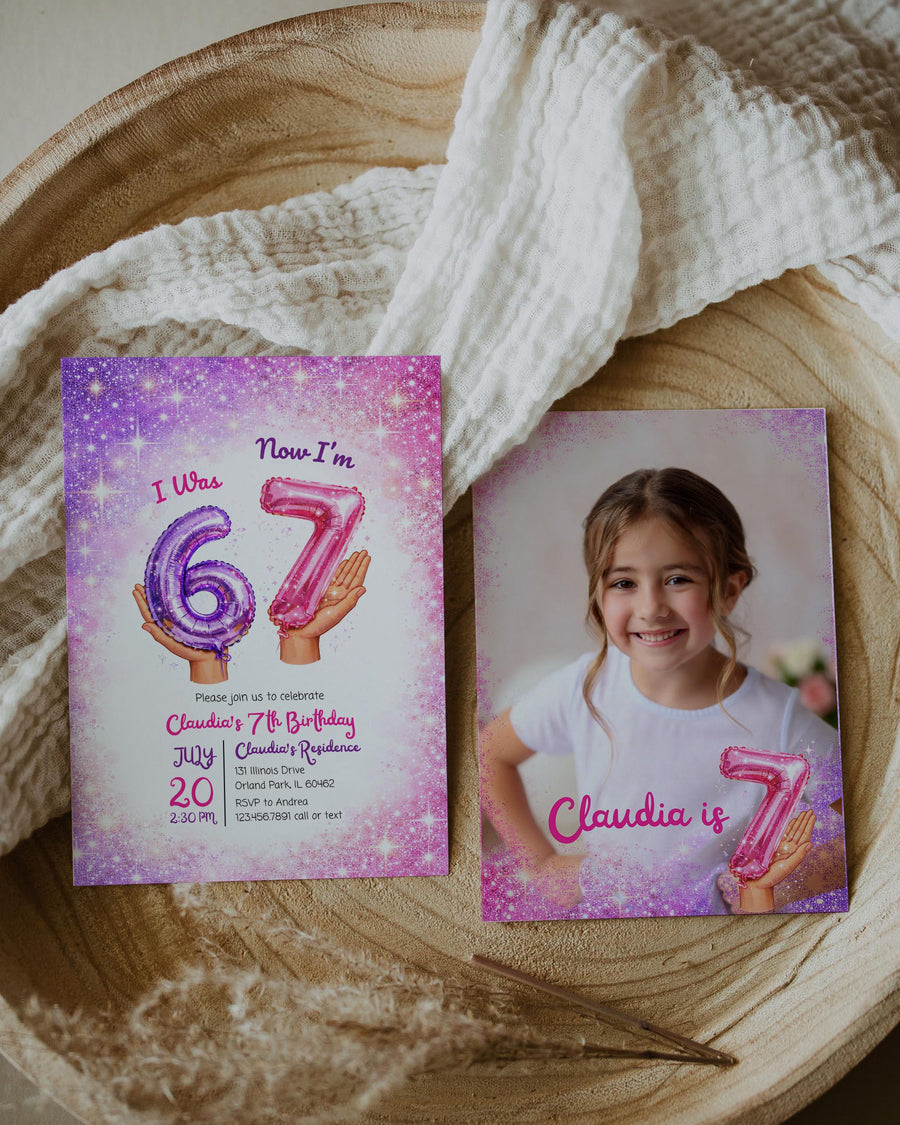 6 to 7 Birthday Invitation Template, Pink Glitter Balloon 7th Birthday Meme Invite - marryful.org