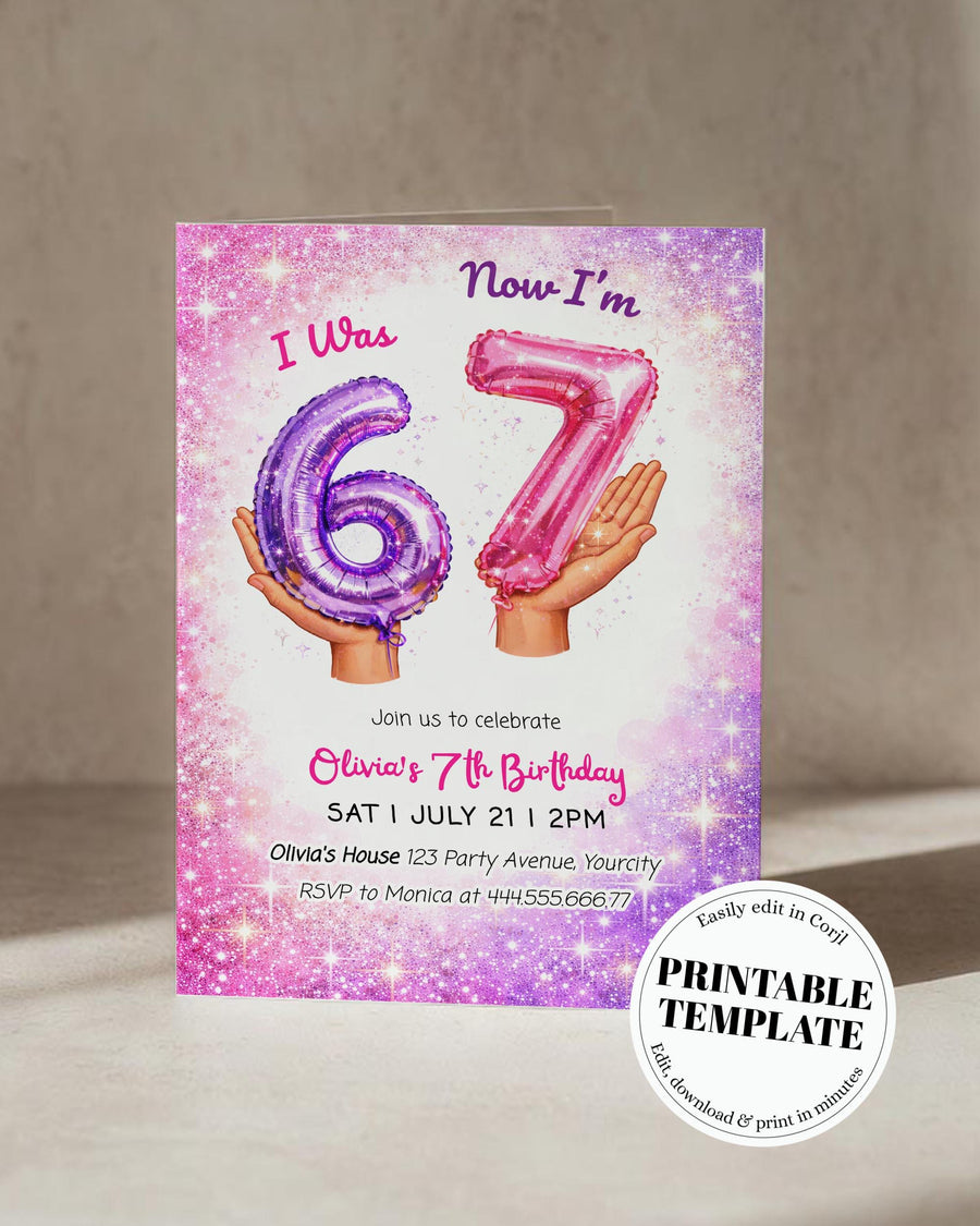 6 to 7 Birthday Invitation Template, Purple Glitter Balloon 7th Birthday Party Invite - marryful.org