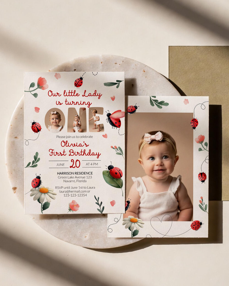 Ladybug 1st Birthday Invitation Template with Photo, Little Lady Whimsical Invite 099LB-BINV - marryful.org