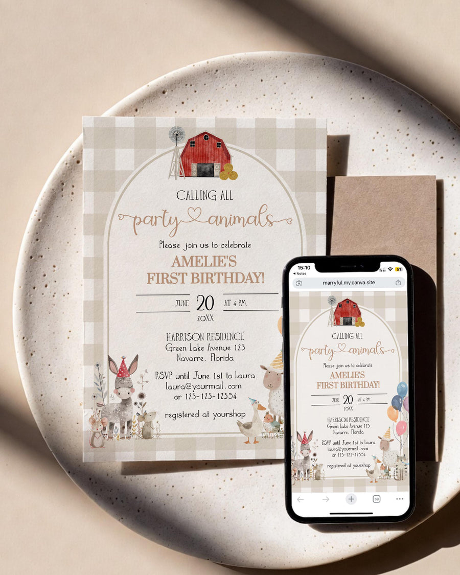 Farm Animal Birthday Invitation Template, Party Animals Barn Arch Gingham Invite 026PA-BINV - marryful.org