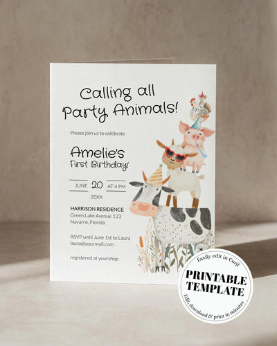 Farm Party Animals 1st Birthday Invitation Boy, Farm Barnyard Animals First Birthday Confetti Printable Template, Petting Zoo Birthday #068 - marryful.org