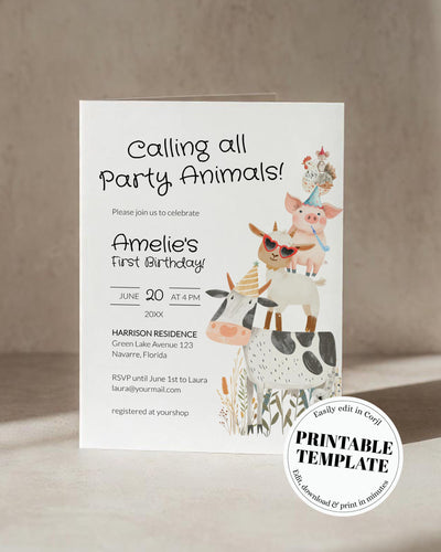 Farm Animal 1st Birthday Invitation Template, Party Animals Stack Barnyard Invite 026PA-BINV - marryful.org