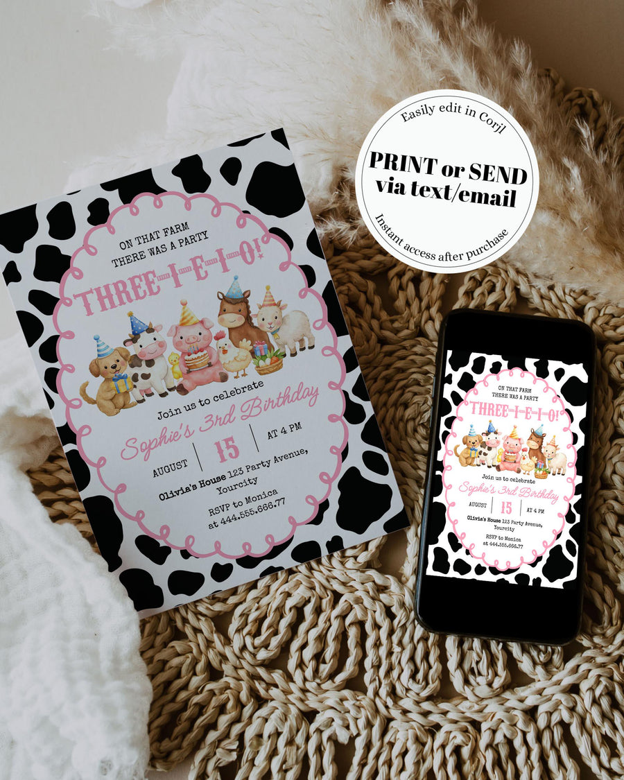 Farm Animal 3rd Birthday Invitation, Three I E I O Digital Party Invite 022PI-BINV - marryful.org
