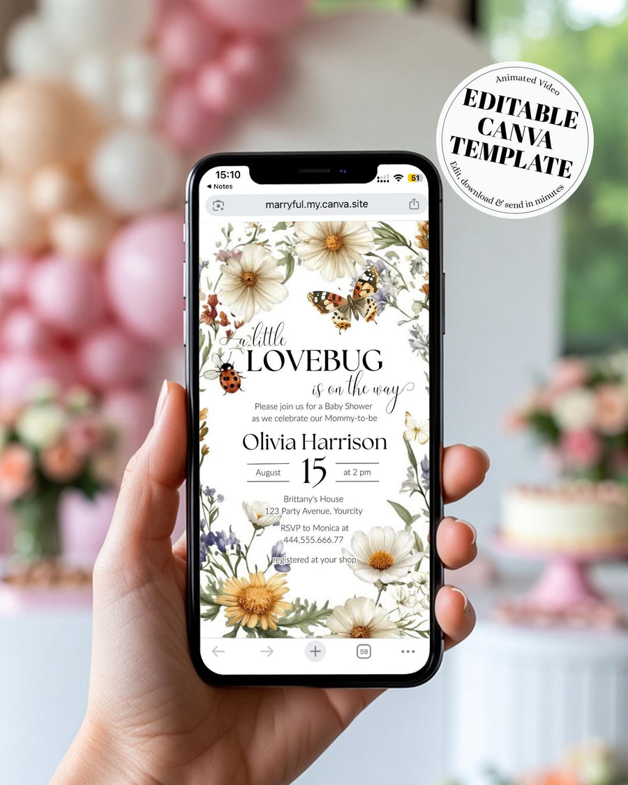 Love Bug Baby Shower Video Invitation Template, A Little Lovebug Animated Canva Invite + Music 100LB-BSINV - marryful.org