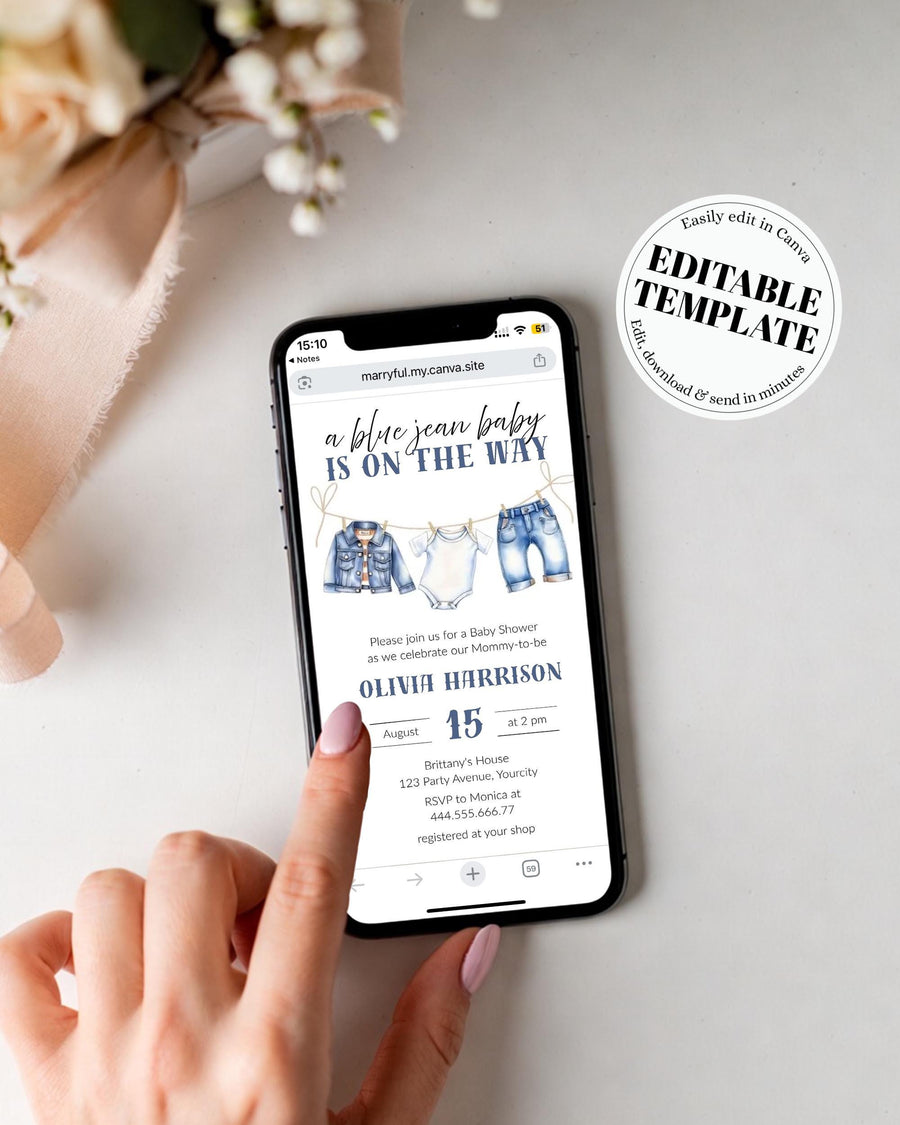 Blue Jean Baby Shower Video Invitation Template, Denim Animated Canva Invite with Music 013BJ-BSINV - marryful.org