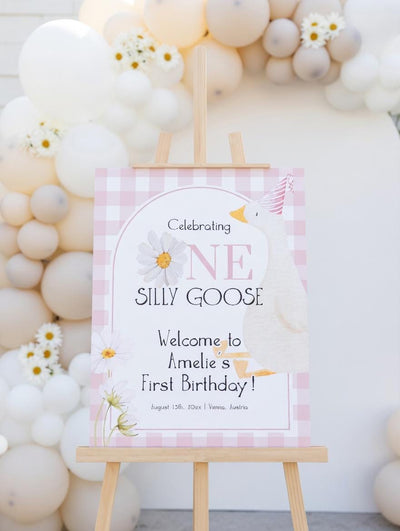 Birthday Welcome Sign Template, Pink Silly Goose Daisies First Birthday Banner 004SG-WLCM-PI - marryful.org