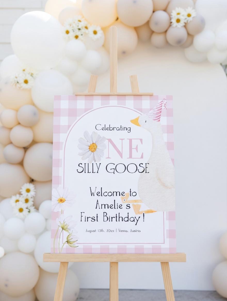 Birthday Welcome Sign Template, Pink Silly Goose Daisies First Birthday Banner 004SG-WLCM-PI - marryful.org