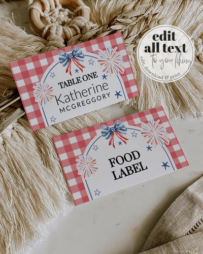 Patriotic Baby Shower Place Cards, All American Red Gingham Food Labels, Editable Template 020IND-PLCA
