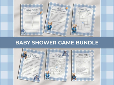 Baby Shower Games Bundle Template, Denim Teddy Bear Gingham Theme, Digital Download 013JE-GAMEB