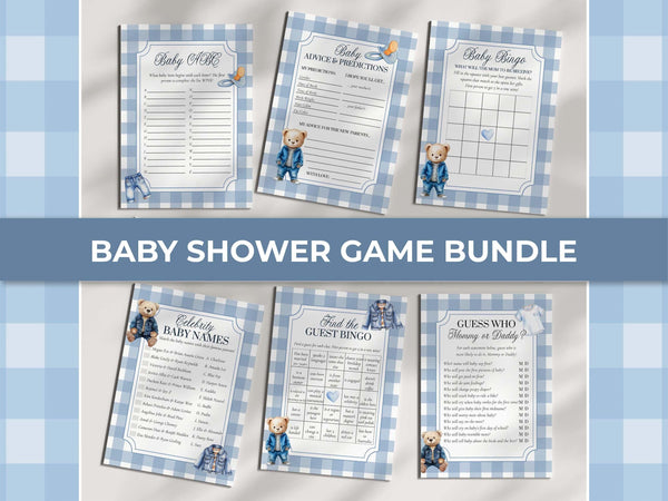 Baby Shower Games Bundle Template, Denim Teddy Bear Gingham Theme, Digital Download 013JE-GAMEB - marryful.org