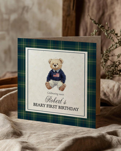 First Birthday Card Template, Vintage Polo Teddy Bear Greeting, Digital Download 068RL-GRCA - marryful.org