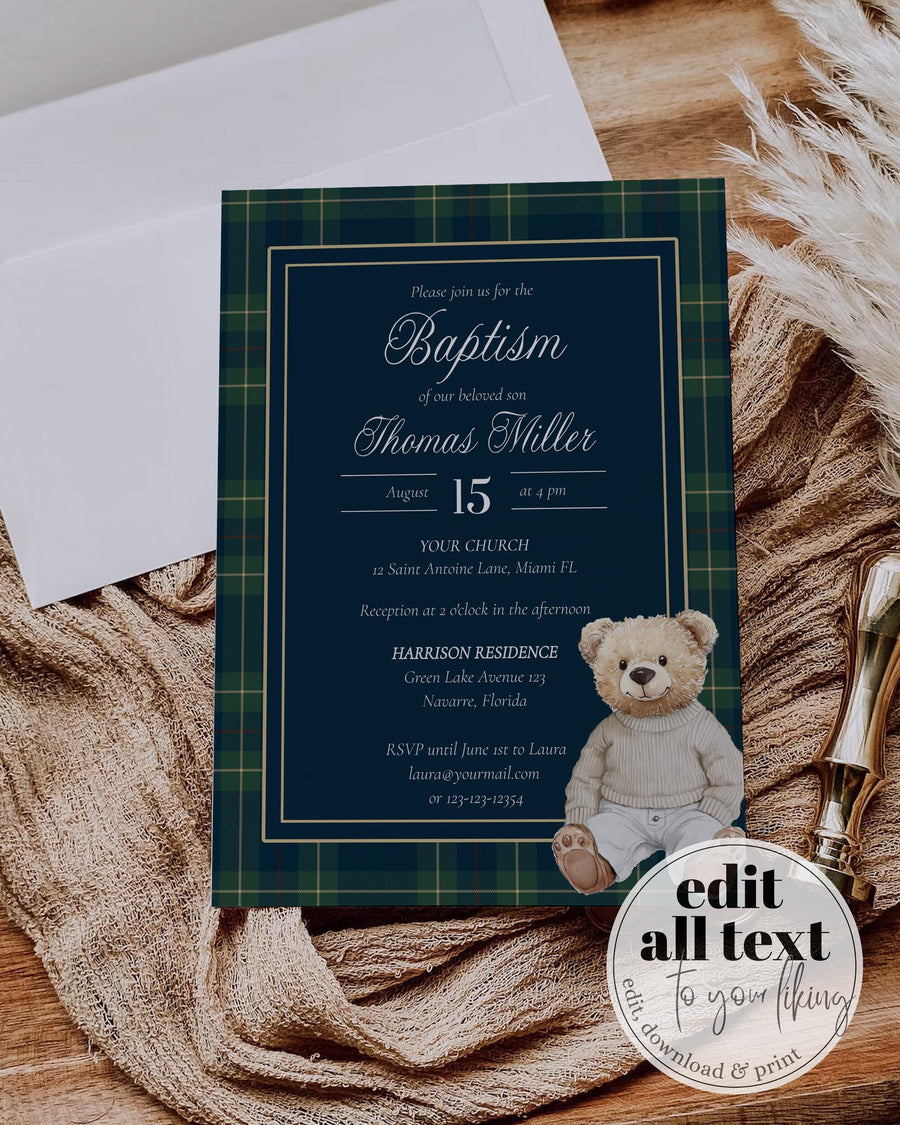Baptism Invitation Template, Preppy Teddy Bear Blue Green Plaid 068DRL-BAPINV - marryful.org