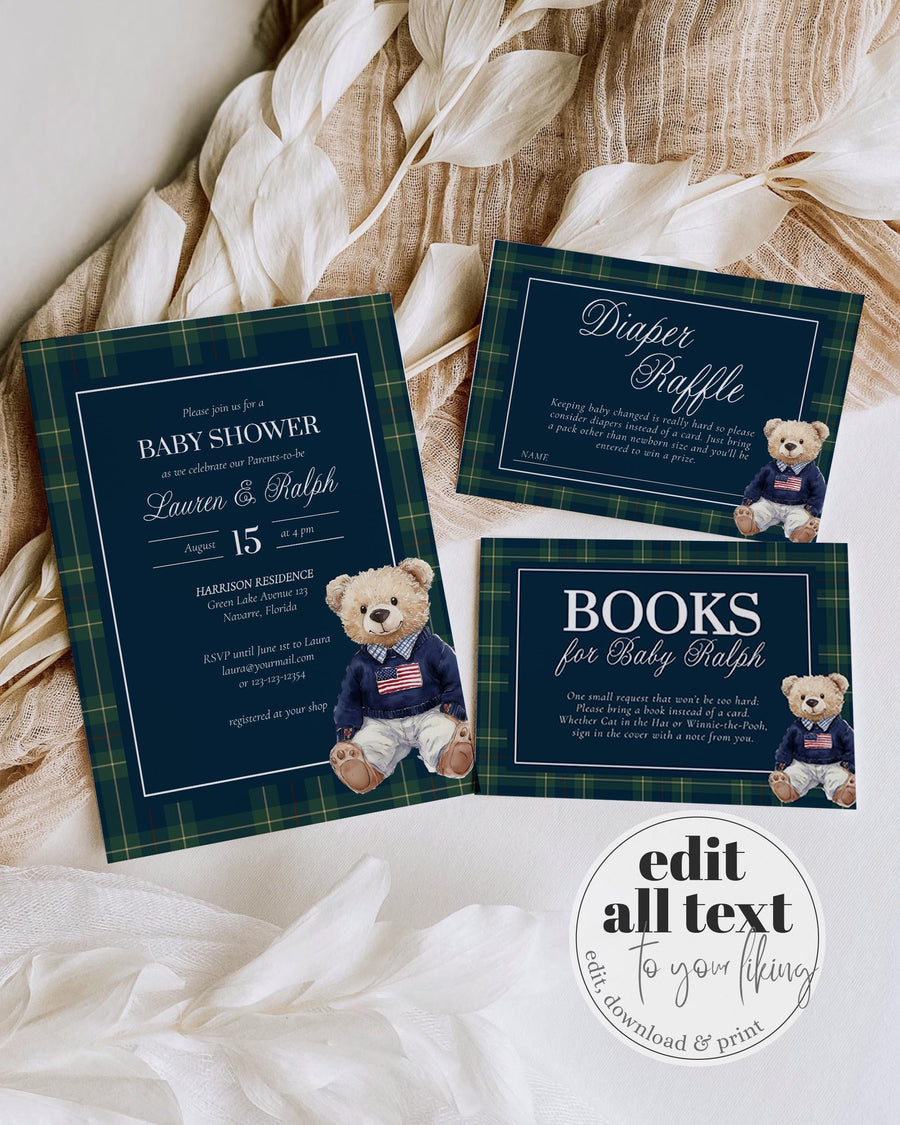 Baby Shower Invitation Template, Polo Preppy Teddy Bear Plaid, Digital Download 068DRL-BSINV - marryful.org