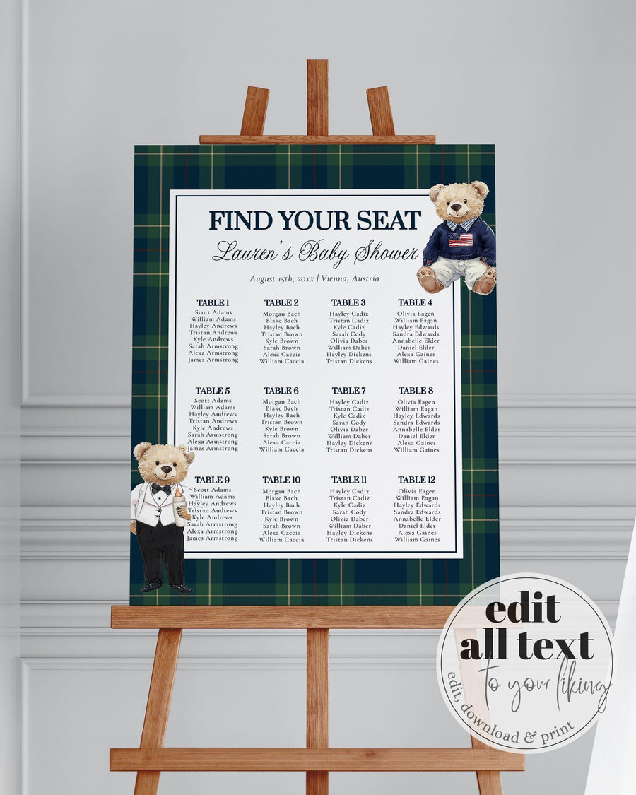 Baby Shower Seating Chart Template, Vintage Polo Teddy Bear Plaid Theme, Digital Download 068RL-SEAT - marryful.org