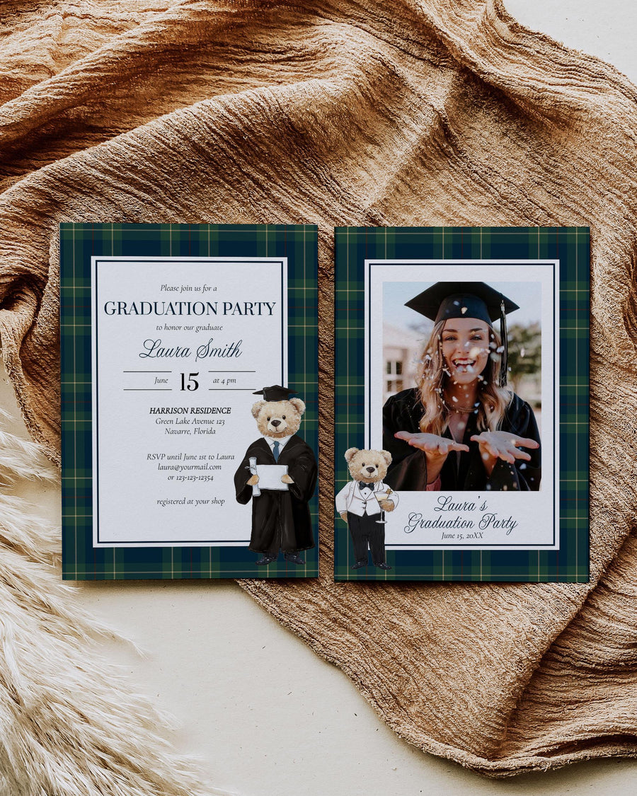 Graduation Invitation Template, Preppy Vintage Polo Teddy Bear Plaid, Digital Download 068RL-GRADINV - marryful.org