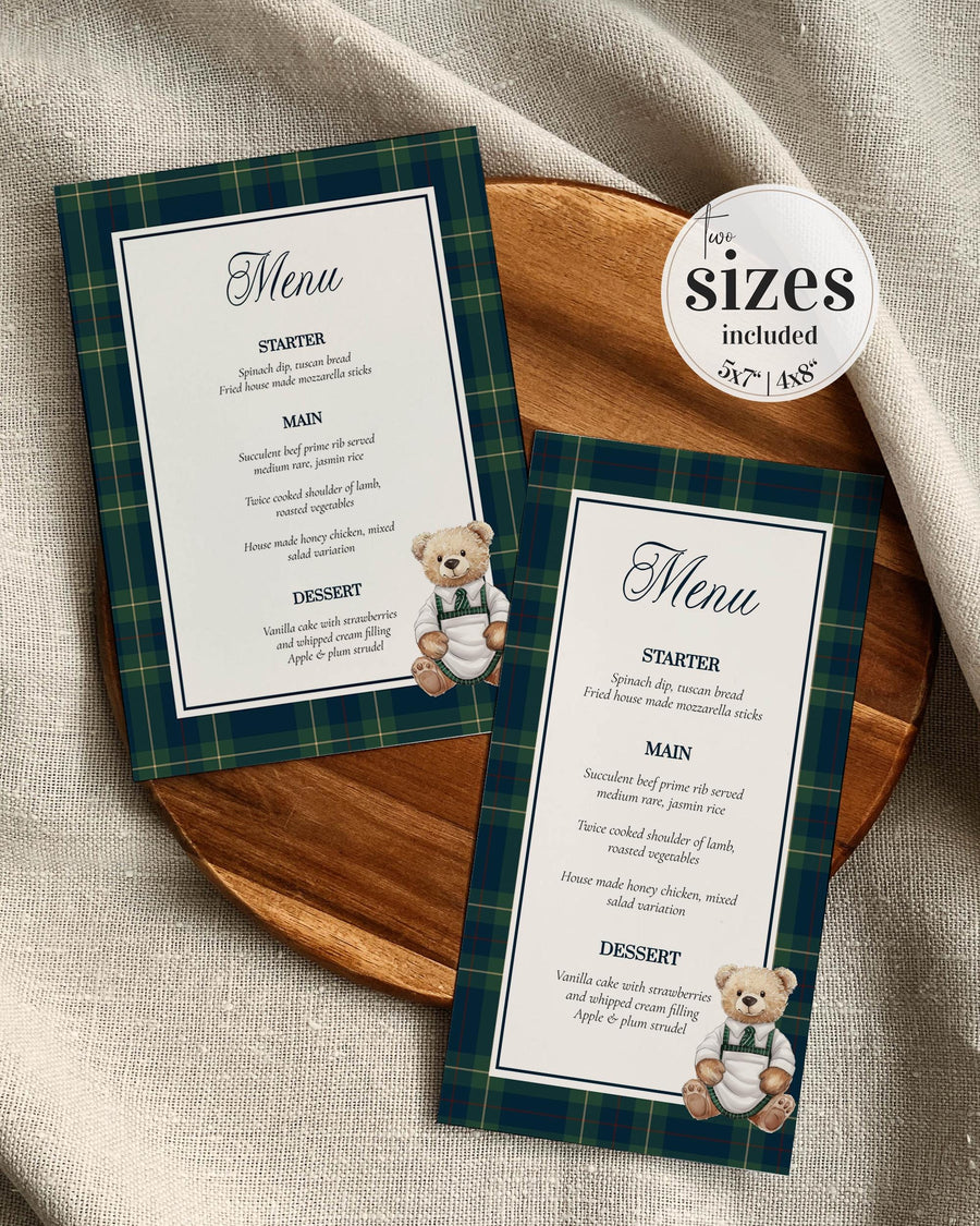 Baby Shower Menu Template, Vintage Preppy Polo Teddy Bear Plaid Theme, Digital Download 068RL-MENU - marryful.org