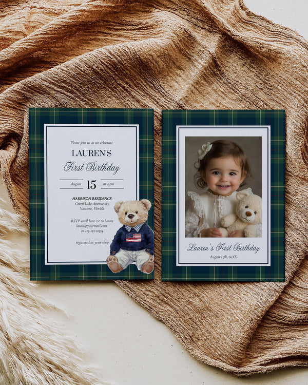 First Birthday Invitation Template, Vintage American Polo Teddy Bear Plaid Theme, Digital Download 068RL-BINV - marryful.org