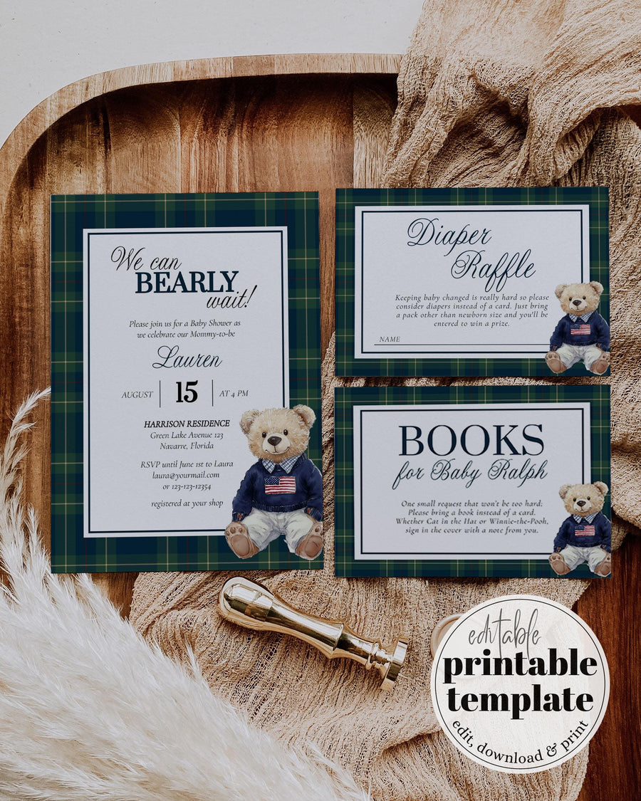 Baby Shower Invitation Template, We Can Bearly Wait Polo Teddy Bear, Digital Download 068RL-BSINV - marryful.org