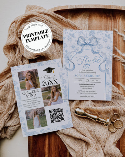 Coquette Graduation Invitation Template, Light Blue Bow Party Invite, Photo Senior Announcement Card 079SB-GRINV - marryful.org