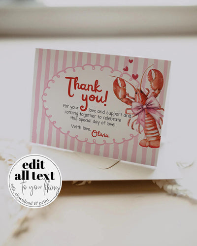 Lobster Birthday Thank You Card, Pinch Me Pink Watercolor Party Note, Editable Template 034CF-THCA - marryful.org