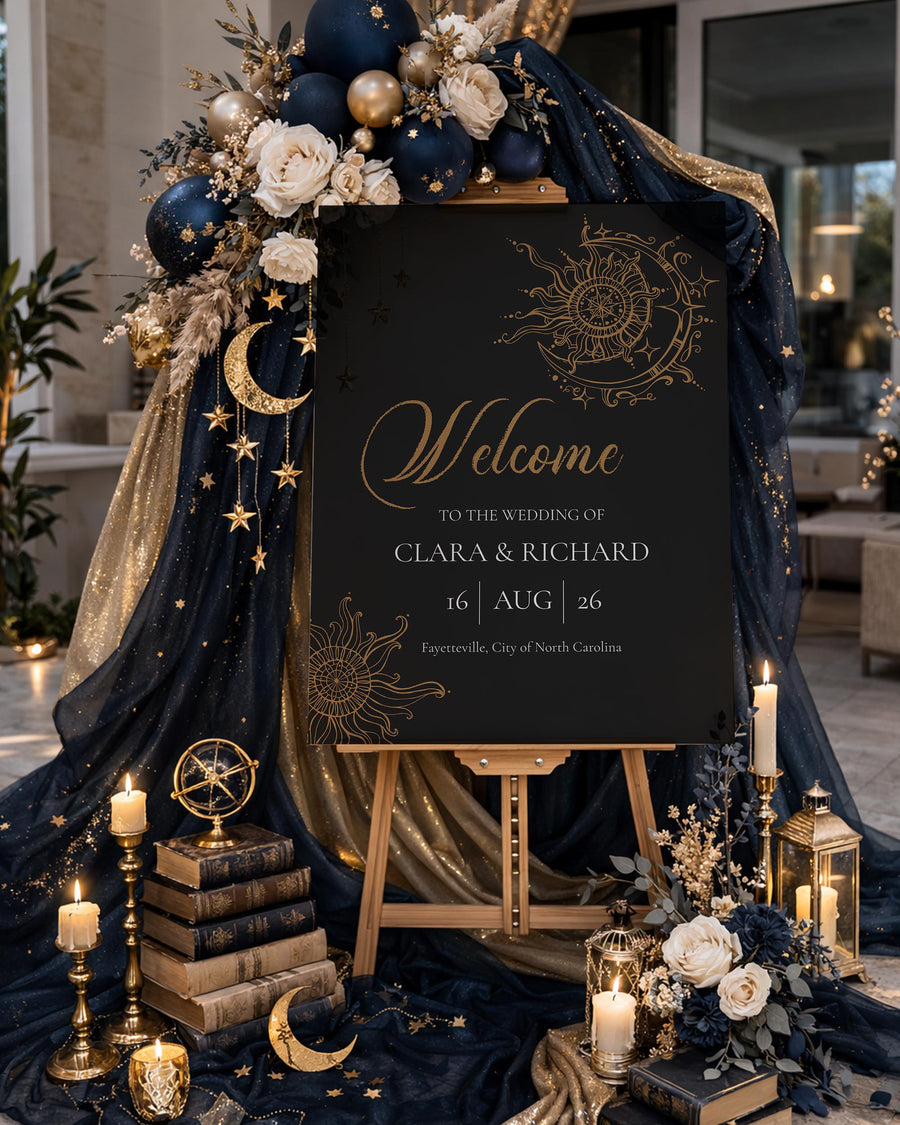 Celestial Wedding Welcome Sign Template, Black Tarot Moon and Stars Design 062CE-WLCM - marryful.org