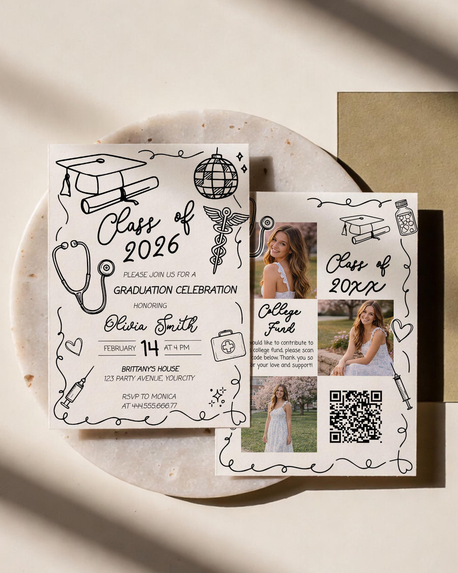 RN Graduation Invitation Template, Class of 2026 Nurse Party Invite, Funky Doodle Editable 070BW-GRINV - marryful.org