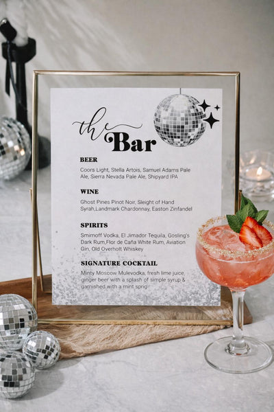 Disco Drink Menu Template, Retro Bar Sign, Disco Ball Wedding Decor 065D-BAME - marryful.org