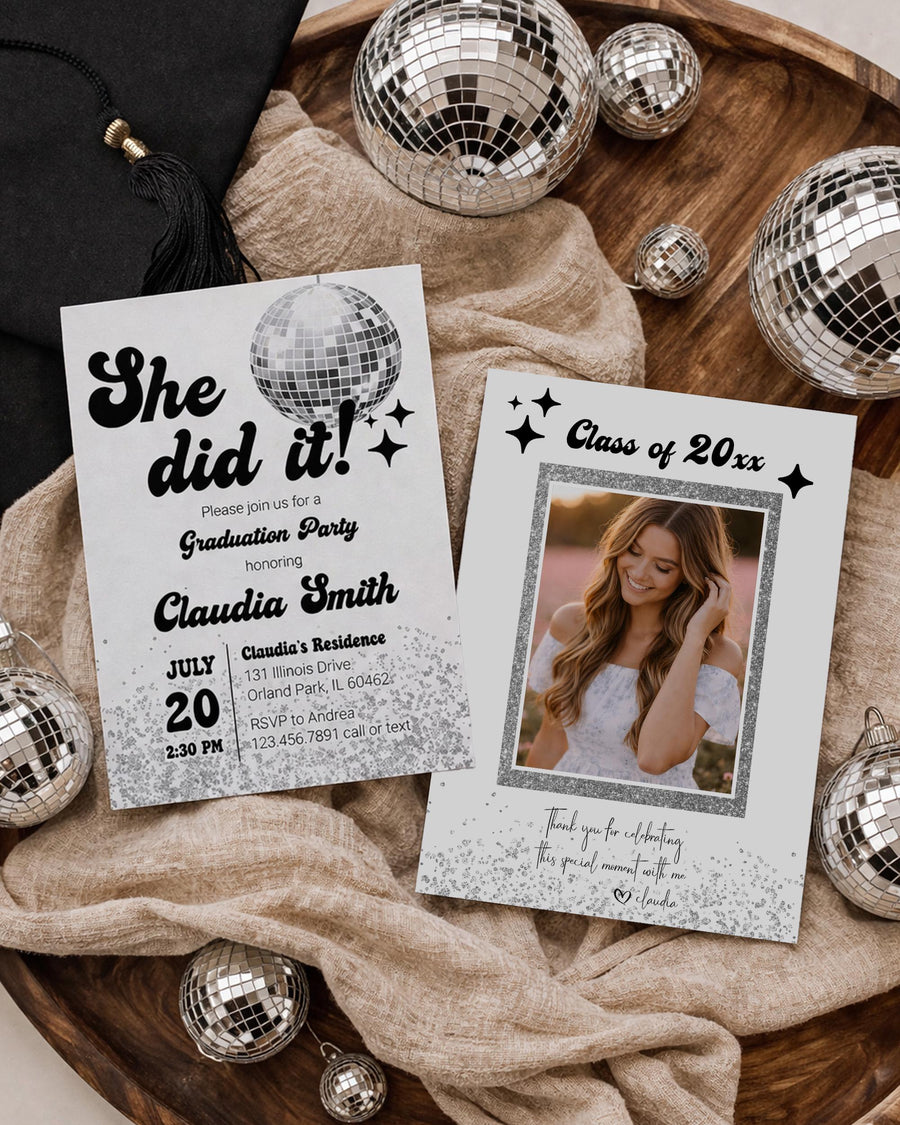 Disco Graduation Invitation, Groovy Retro Grad Party Class of 2026 Printable Editable Template 065D-GRINV - marryful.org