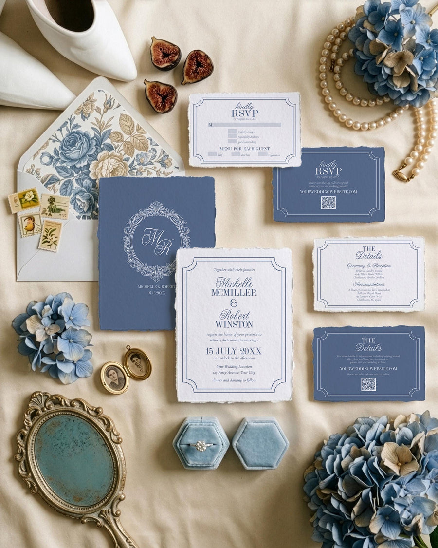 Old Money Dusty Blue Wedding Invitation, Elegant Monogram Luxury Suite, Classic Formal Template 080BL-WEDINV - marryful.org