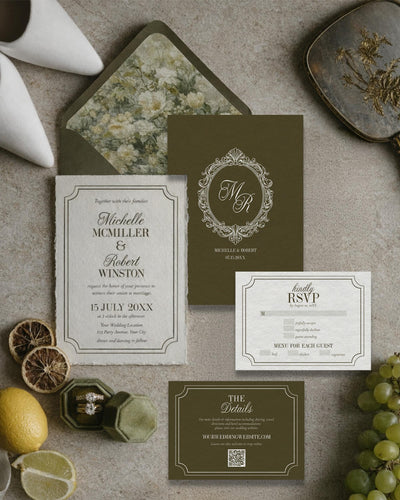 Luxury Wedding Invitation, Old Money Olive Green Monogram Invite, Timeless Estate Suite Template 080GR-WEDINV - marryful.org