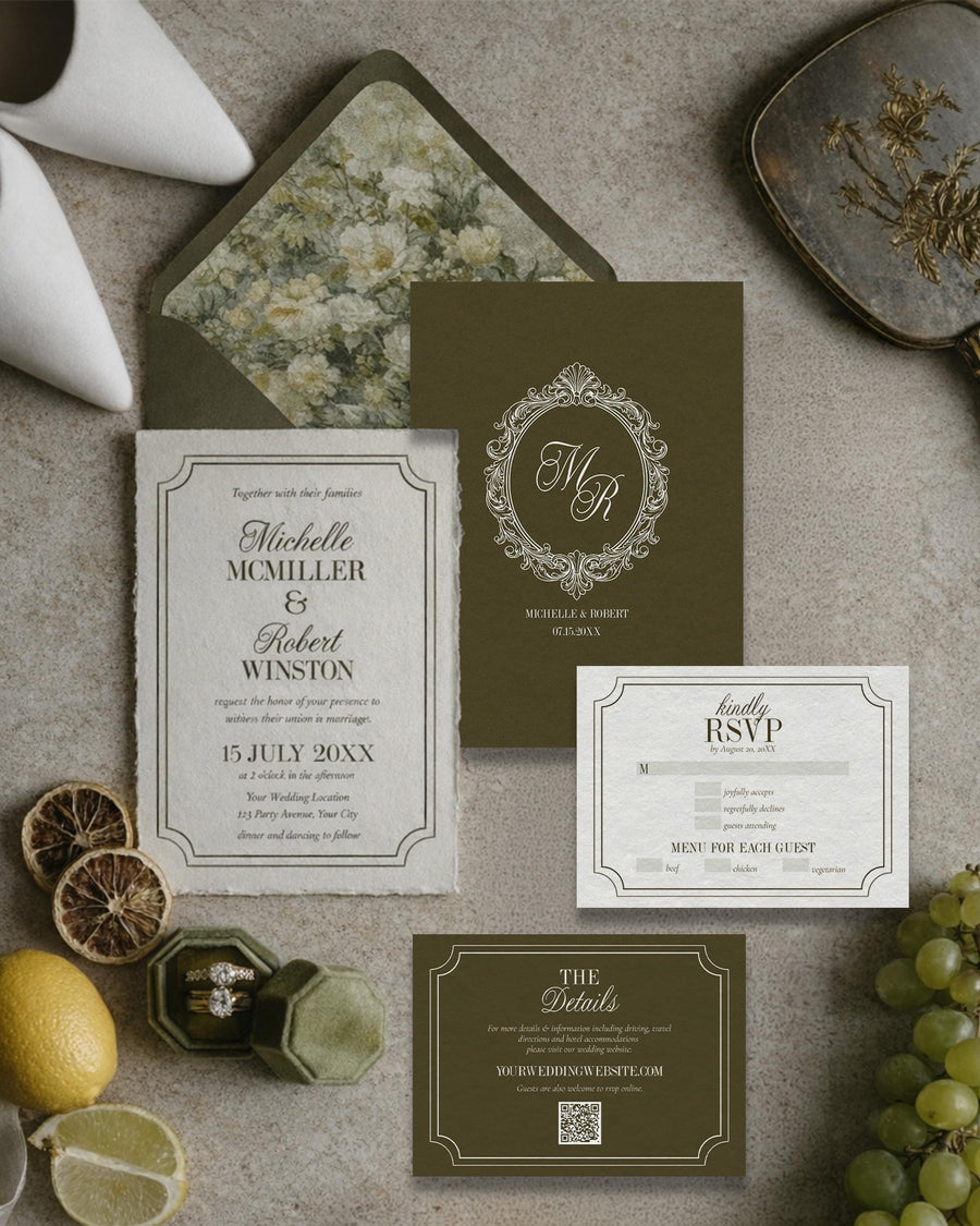 Luxury Wedding Invitation, Old Money Olive Green Monogram Invite, Timeless Estate Suite Template 080GR-WEDINV - marryful.org