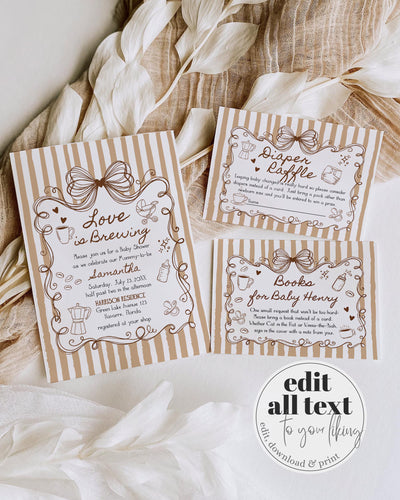 A Baby is Brewing Shower Invitation, Hand Illustrated Coffee Bean Neutral, Editable Template 089CO-BSINV - marryful.org