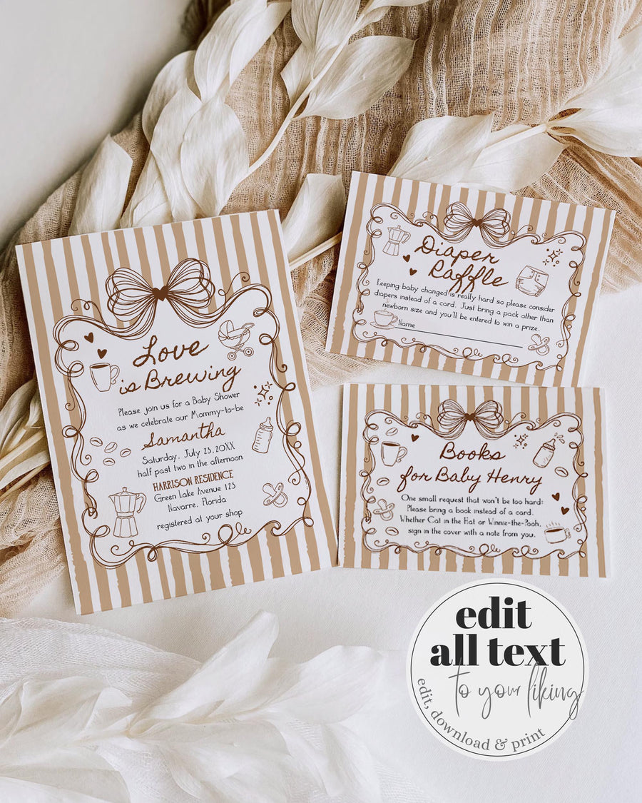 A Baby is Brewing Shower Invitation, Hand Illustrated Coffee Bean Neutral, Editable Template 089CO-BSINV - marryful.org