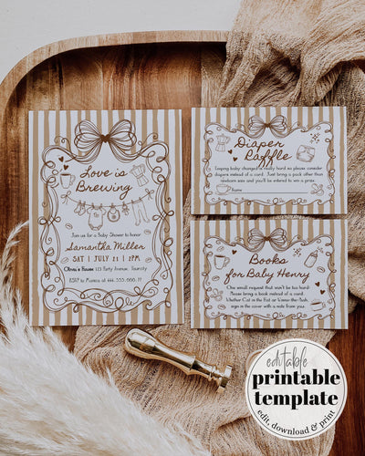 Love is Brewing Baby Shower Invite, Hand Drawn Clothesline Coffee Theme, Editable Template 089CO-BSINV - marryful.org