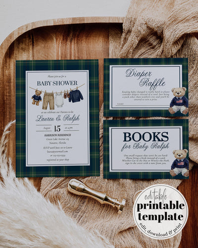 Polo Teddy Baby Shower Invitation Template, Preppy Clothesline Bear Invite, Plaid Boy Shower 068RL-BSINV - marryful.org