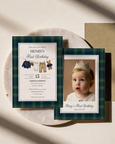 Polo Teddy Bear Birthday Invitation Template, Preppy Clothesline Party Invite, Plaid Boy Birthday 068RL-BINV - marryful.org