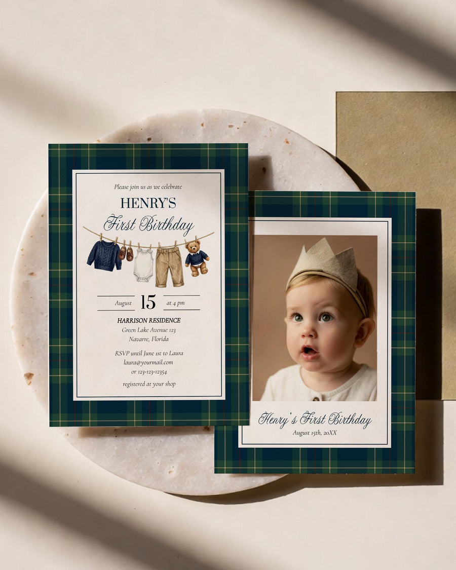 Polo Teddy Bear Birthday Invitation Template, Preppy Clothesline Party Invite, Plaid Boy Birthday 068RL-BINV - marryful.org