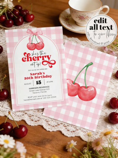 Cherry On Top First Birthday Invitation Coquette Bow Summer Cherry Party Printable Template 003CH-BINV - marryful.org