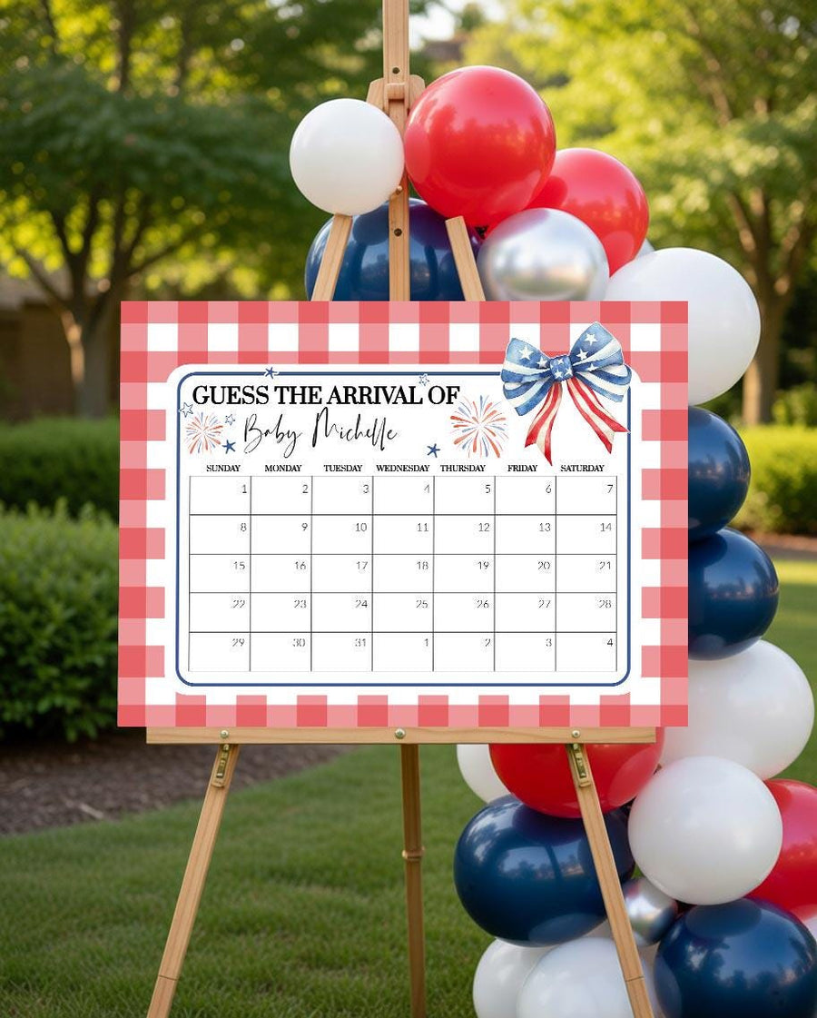 Guess the Due Date Sign, All American Red Gingham Calendar Game, Editable Template 020IND-GUDD - marryful.org
