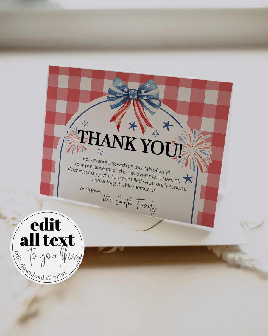 Baby Shower Thank You Card, All American Red Gingham Patriotic Note, Editable Template 020IND-THCA - marryful.org