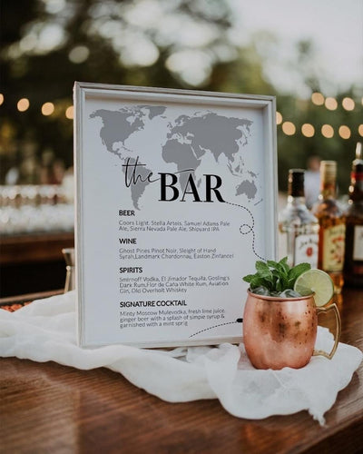 Destination Wedding Bar Menu Sign, Travel Themed Cocktail Printable with World Map 072W-BAME - marryful.org