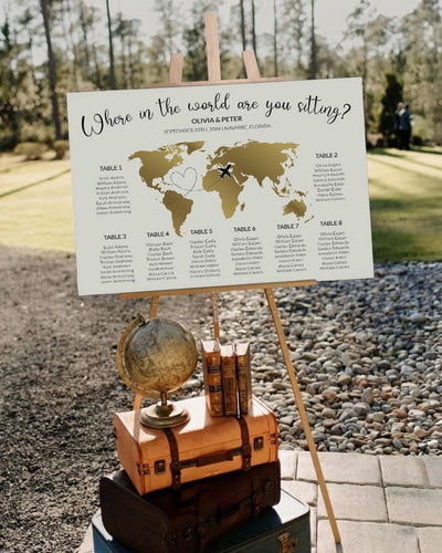Destination Wedding Seating Chart Template, Where in the World Golden Map Sign 072G-SEAT - marryful.org