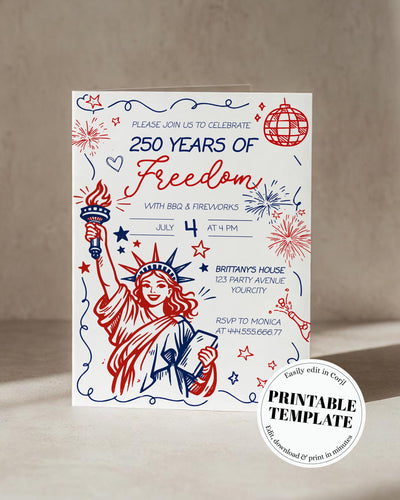Fourth of July Party Invitation, America 250 Lady Liberty Fireworks Invite, Editable Template 070IND-INV - marryful.org