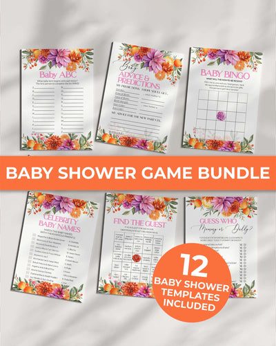 Pink Orange Baby Shower Game Bundle, Floral Citrus Brunch Activity Set Template Printable 011PO2-BSGAMEB - marryful.org