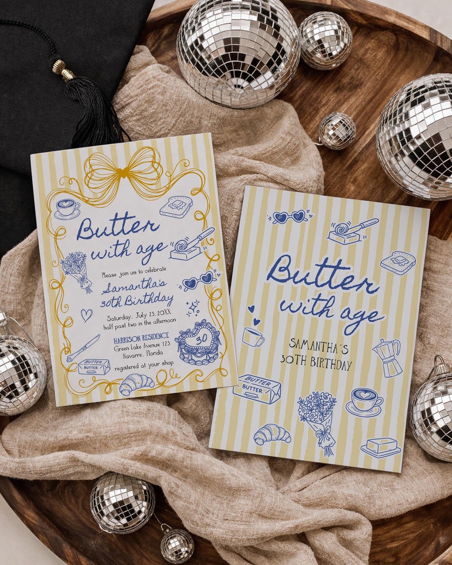 Butter With Age Birthday Invitation, Butter Yellow Brunch Milestone Party Editable Digital Template 089BU-BINV - marryful.org