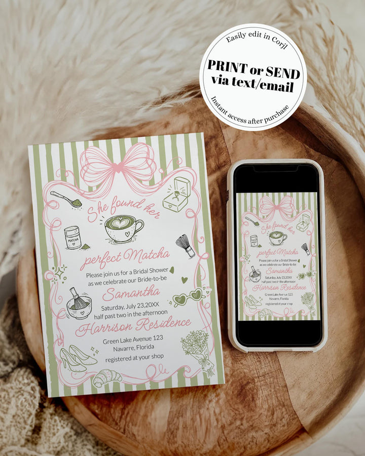 Matcha Bridal Shower Invitation Template, Coquette Bow Sage Tea Party ...