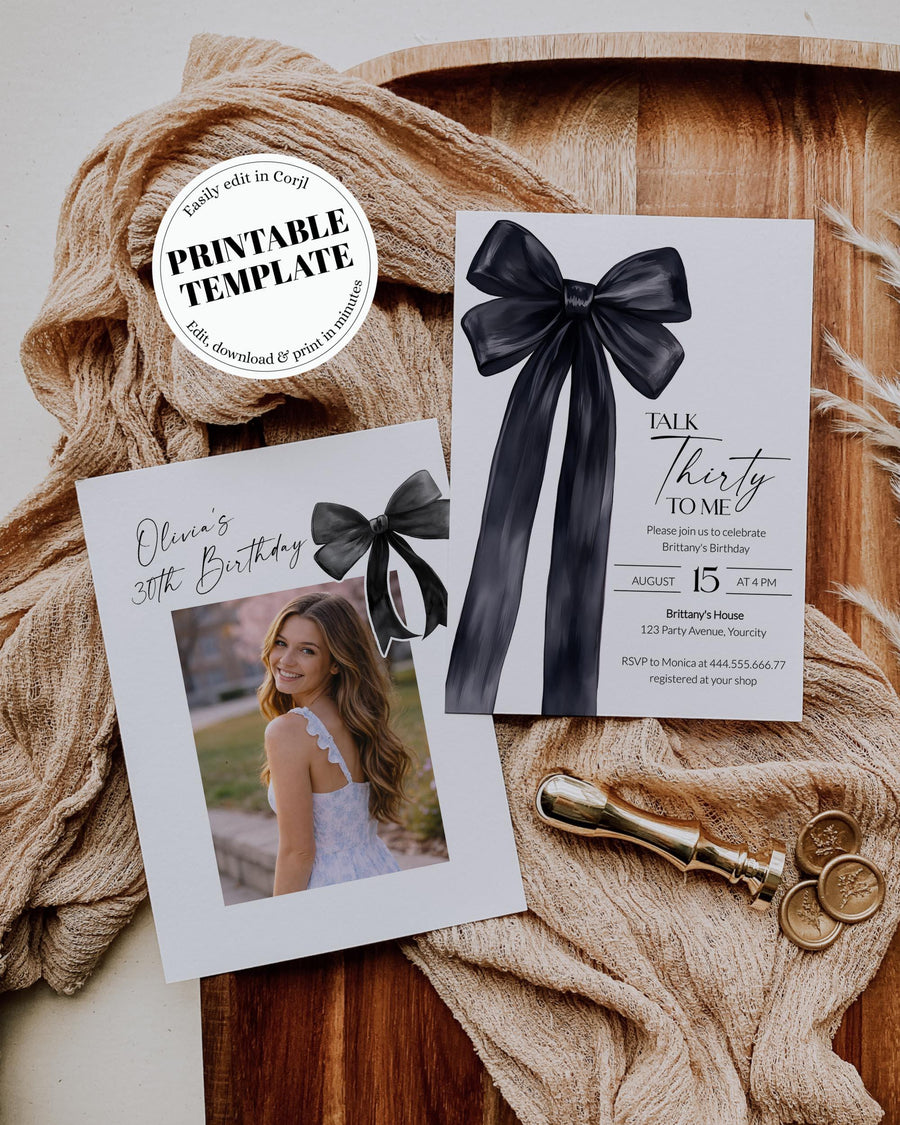 30th Birthday Invitation, Black Bow Party Invite, Chic Minimalist Talk Thirty to Me Template 095BW-BINV - marryful.org