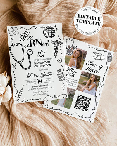 RN Pinning Ceremony Invitation Template, She eaRNed It Nurse Graduation Party Invite 070BW-GRINV - marryful.org